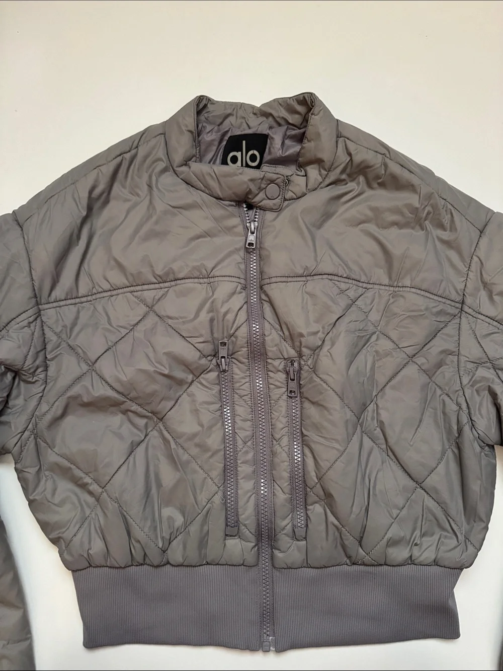 ALO Yoga Quilted Cropped Bomber Jacket in Grey - Picture 2 of 7
